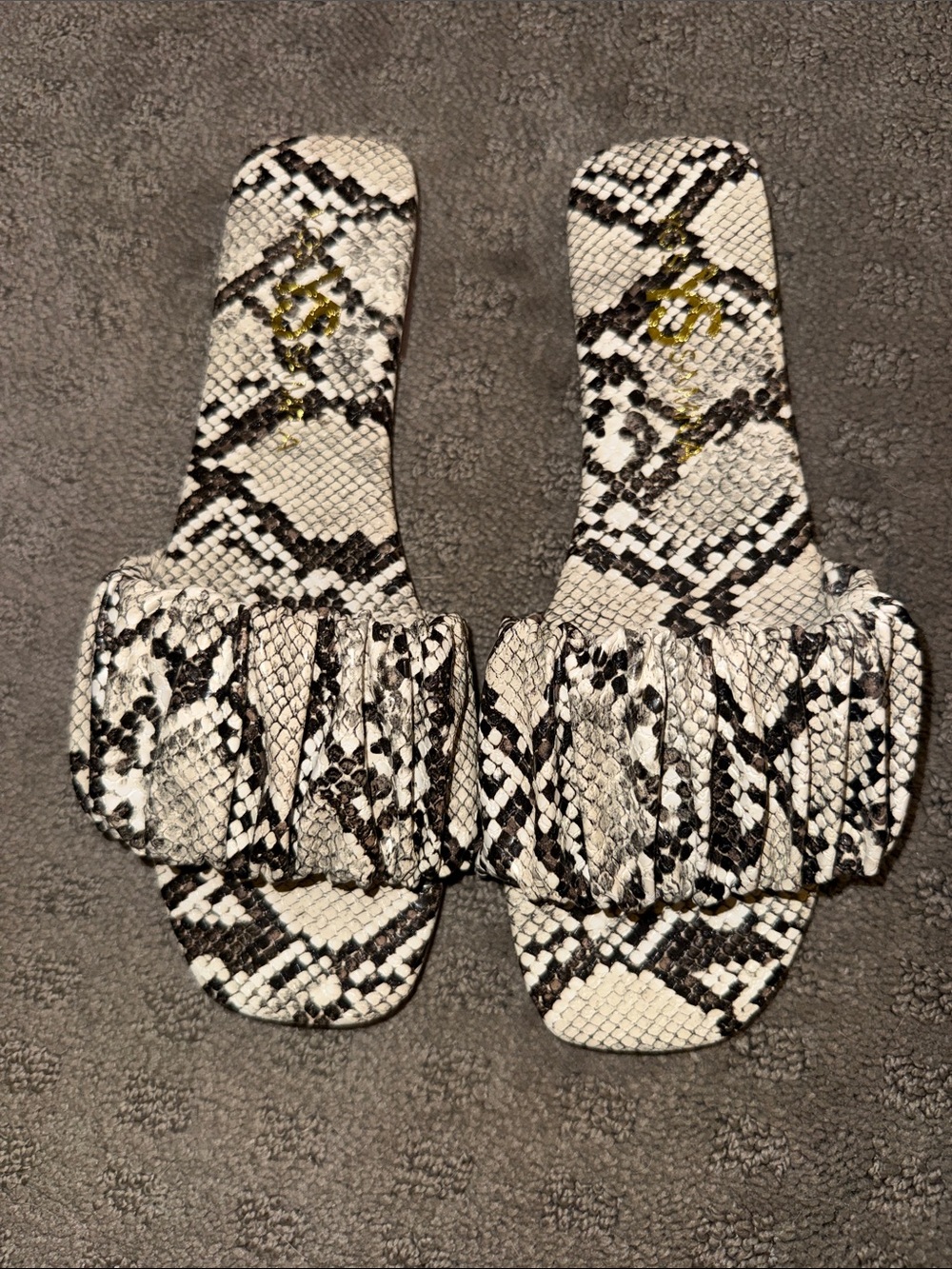 Yosi Samra White and Black Snake-Print Ruched Slide Sandals